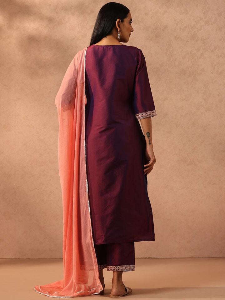 Burgundy Yoke Design Silk Blend Suit Set With Trousers - ShopLibas