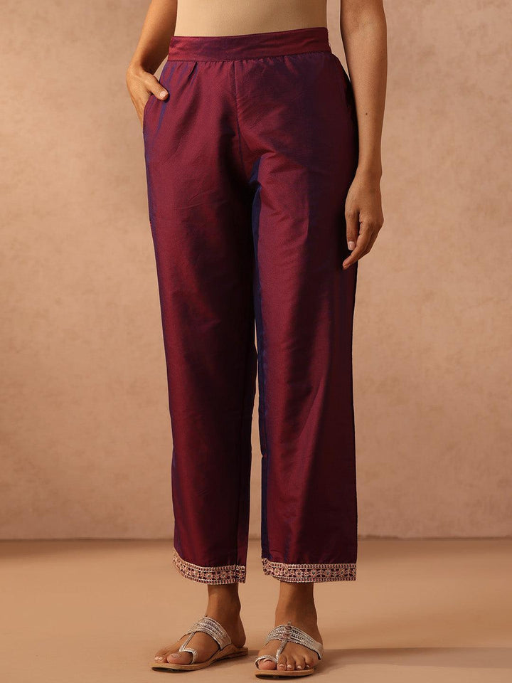 Burgundy Yoke Design Silk Blend Suit Set With Trousers - ShopLibas