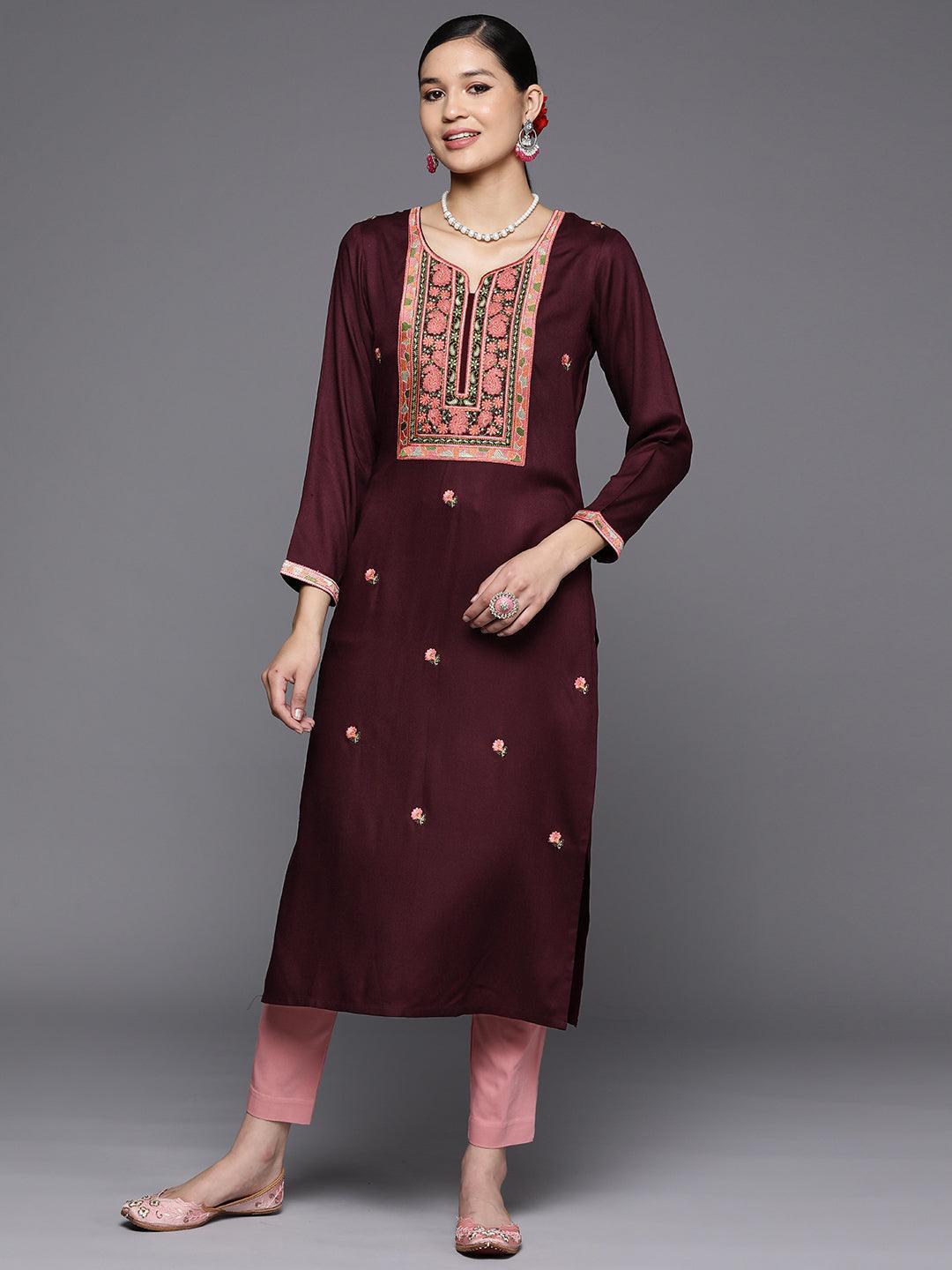 Burgundy Yoke Design Wool Straight Kurta - Libas