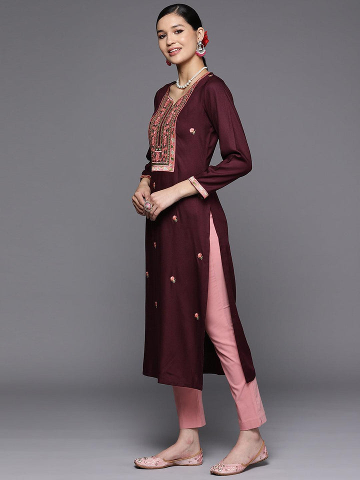 Burgundy Yoke Design Wool Straight Kurta - Libas