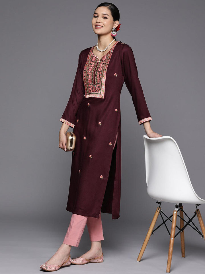 Burgundy Yoke Design Wool Straight Kurta - Libas