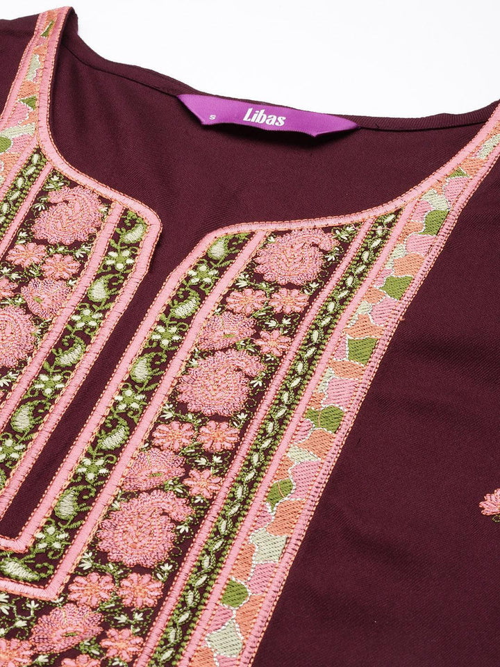 Burgundy Yoke Design Wool Straight Kurta - Libas