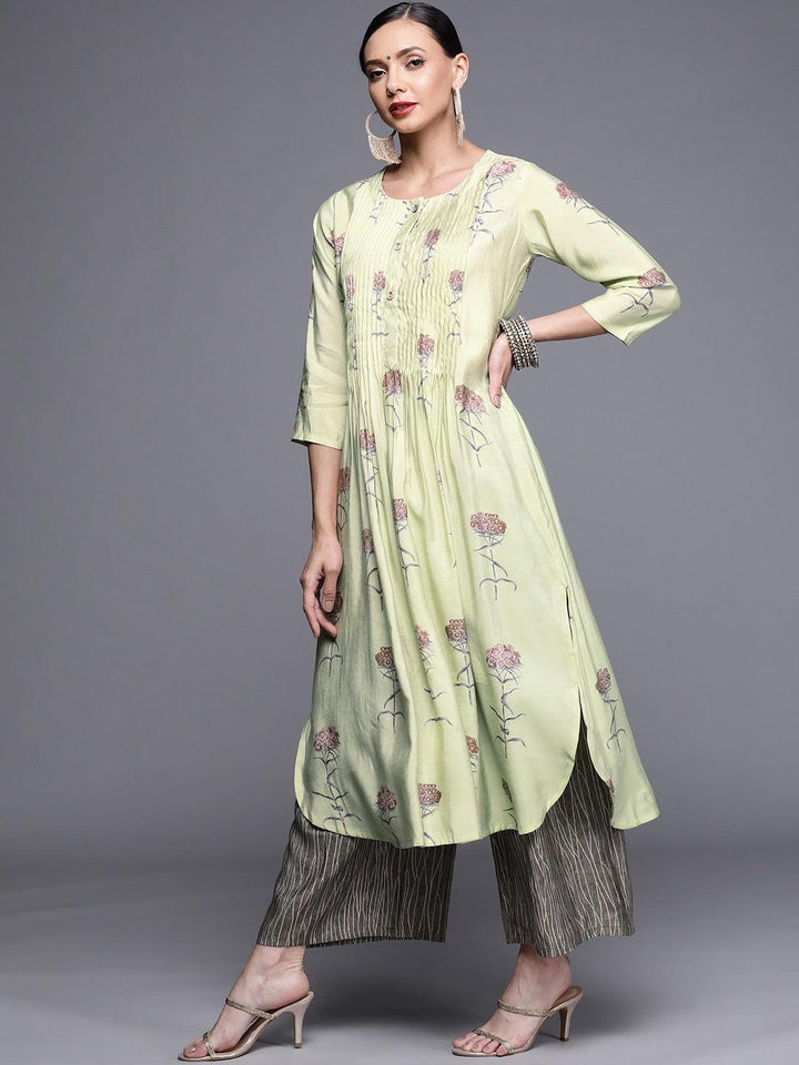 Green Printed Chanderi Silk Kurta - ShopLibas