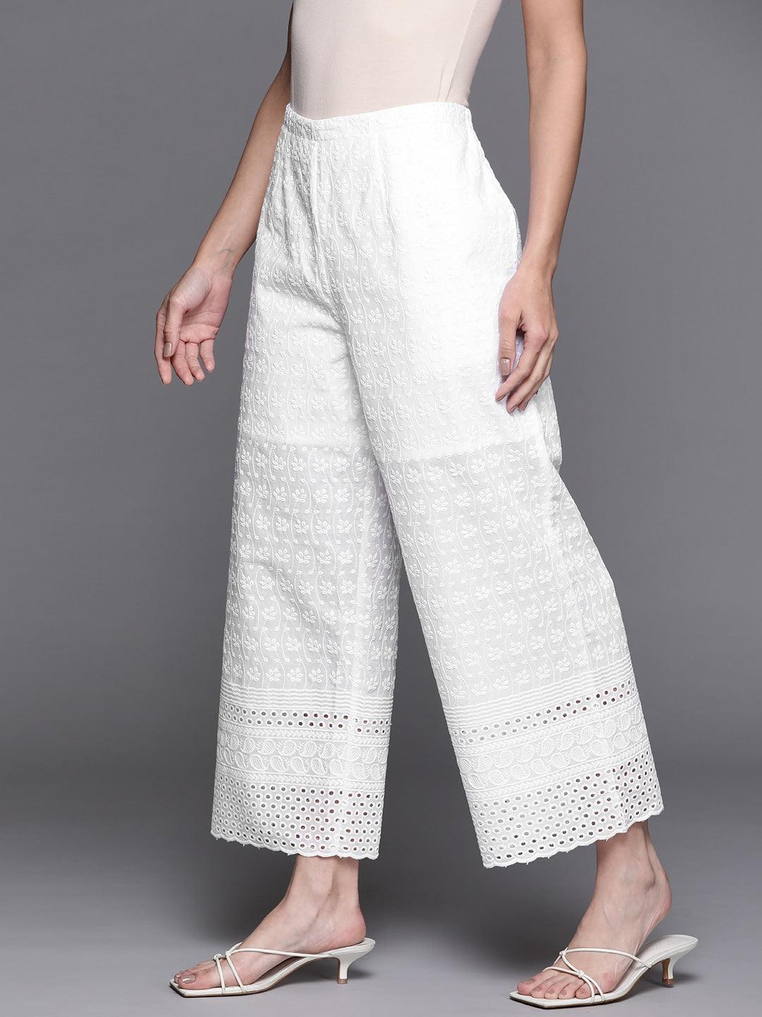 White Embroidered Cotton Palazzos