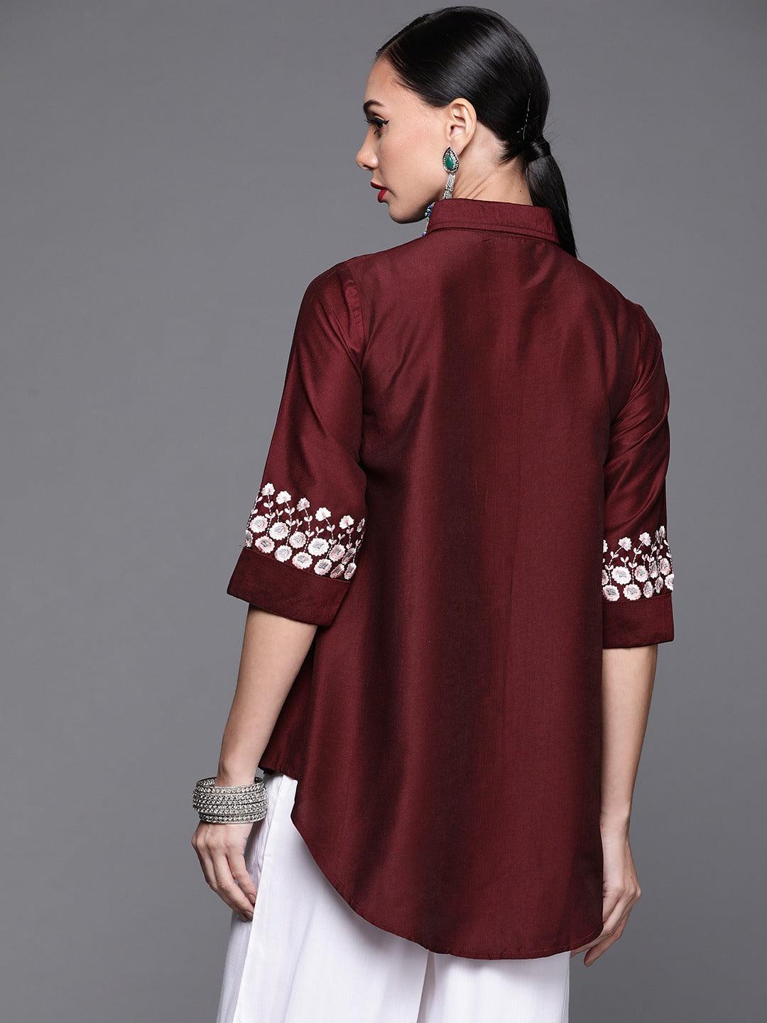 Maroon Embroidered Silk Blend Shirt - ShopLibas