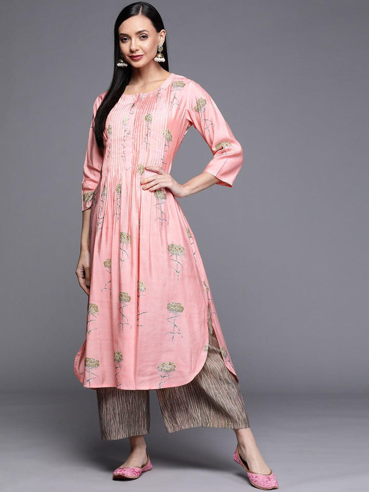 Pink Printed Chanderi Silk Kurta - ShopLibas