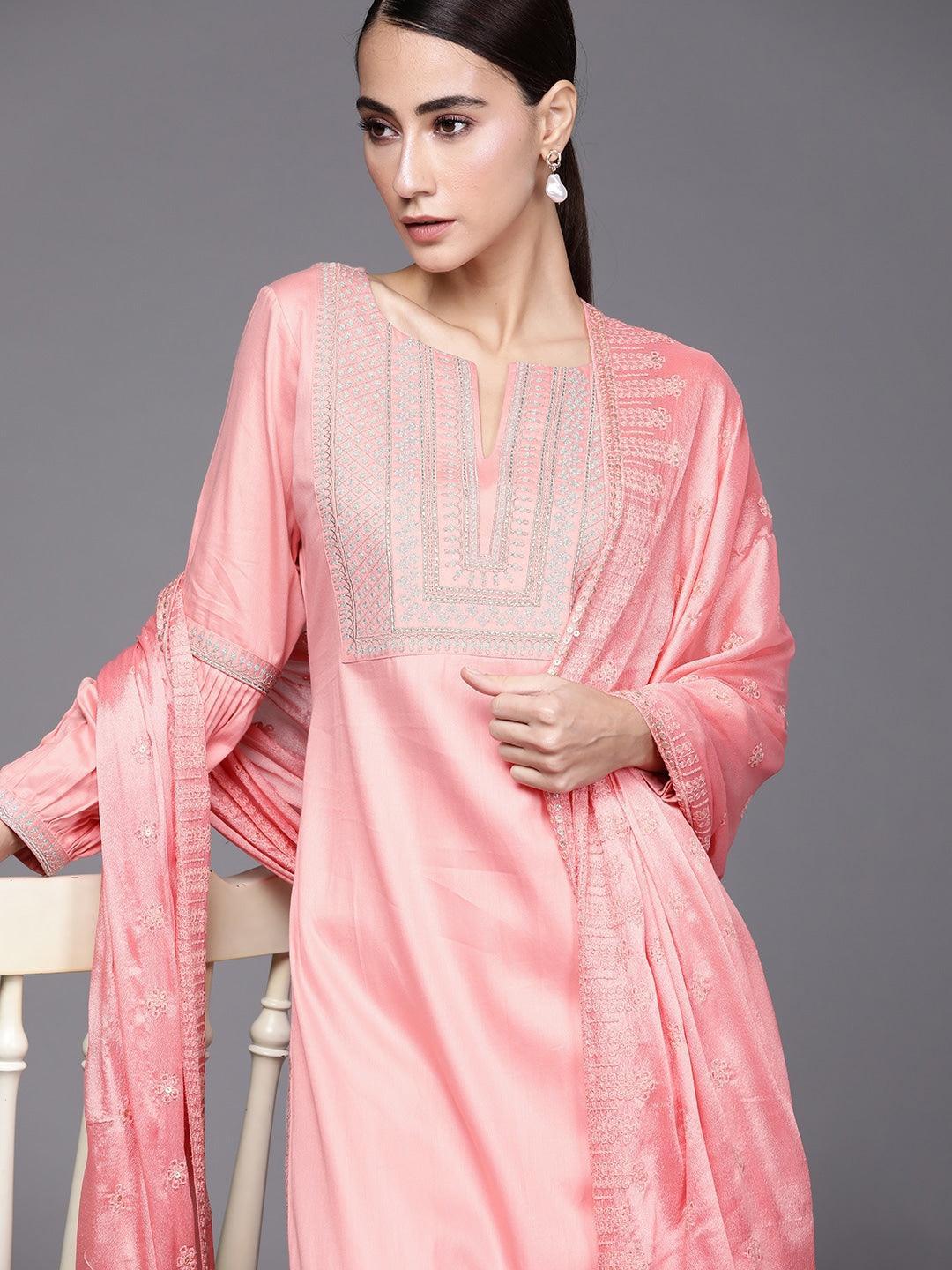 Pink Embroidered Silk Blend Suit Set