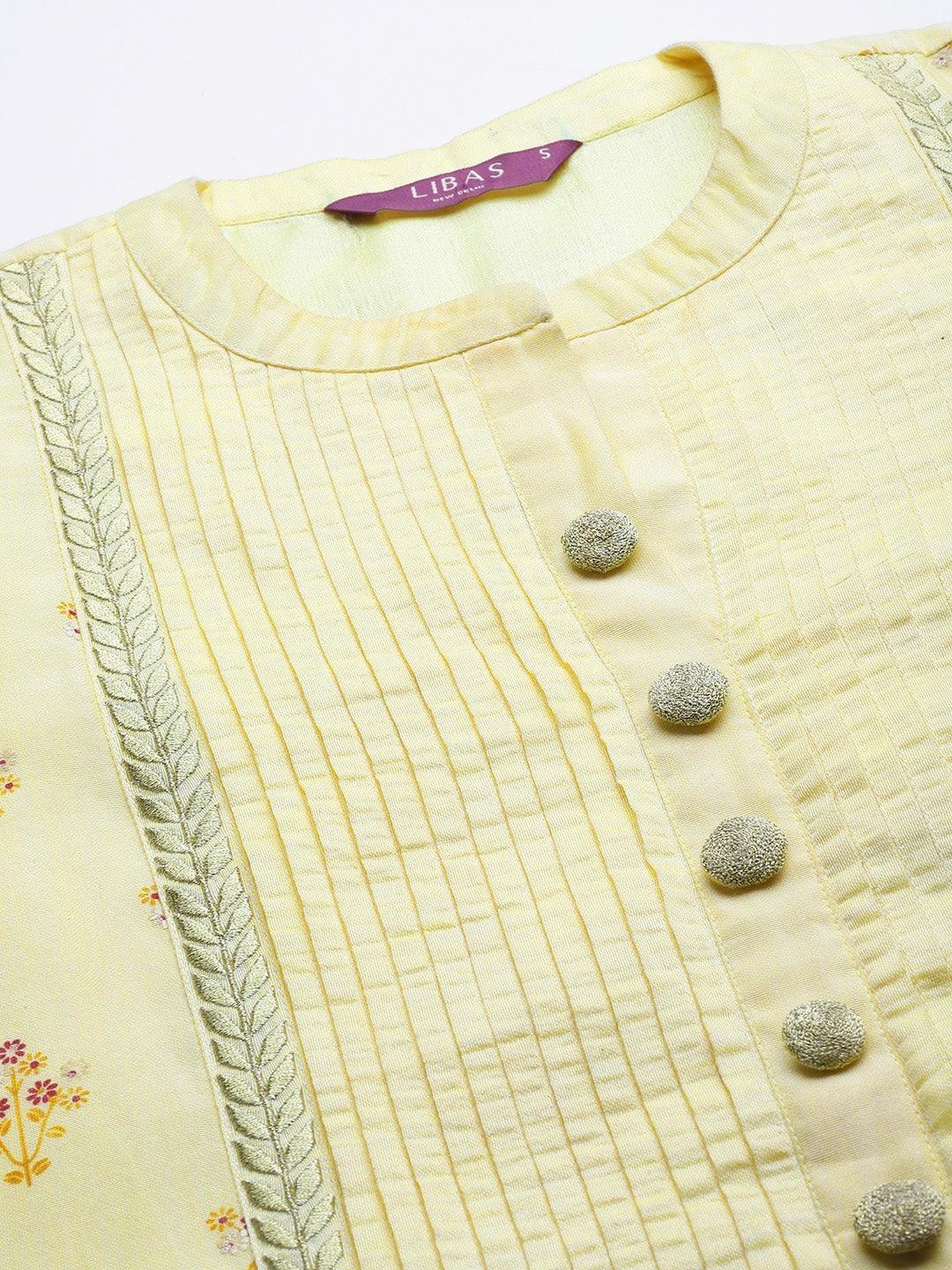 Yellow Printed Chanderi Silk Kurta - ShopLibas