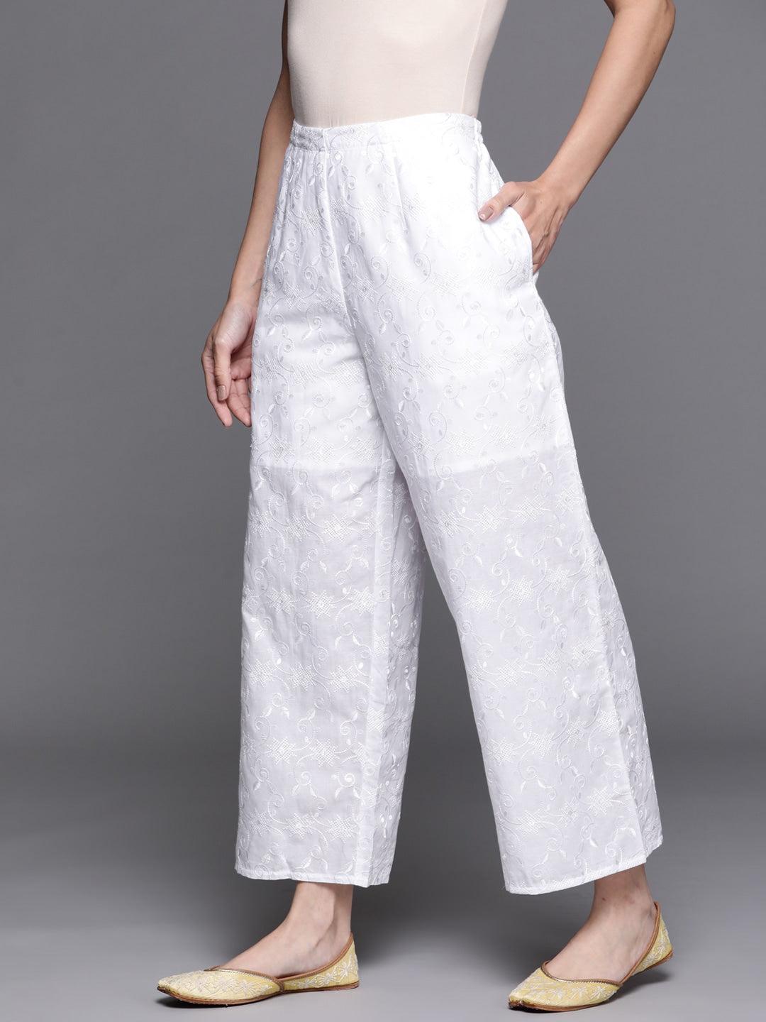 White Embroidered Cotton Palazzos