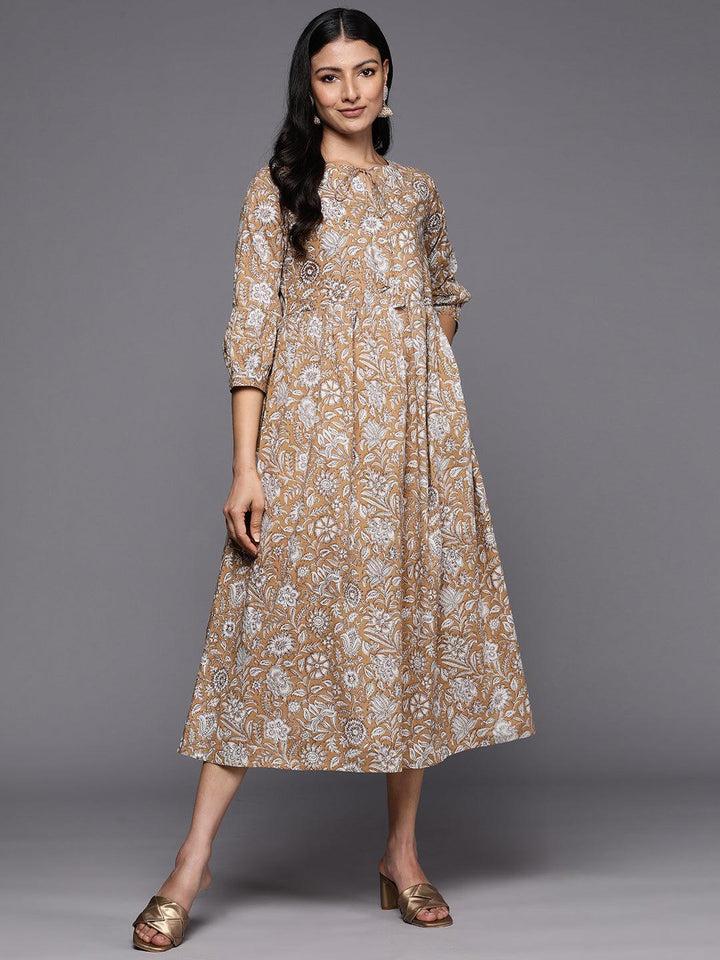 Camel Brown Printed Cotton Empire Dress - Libas