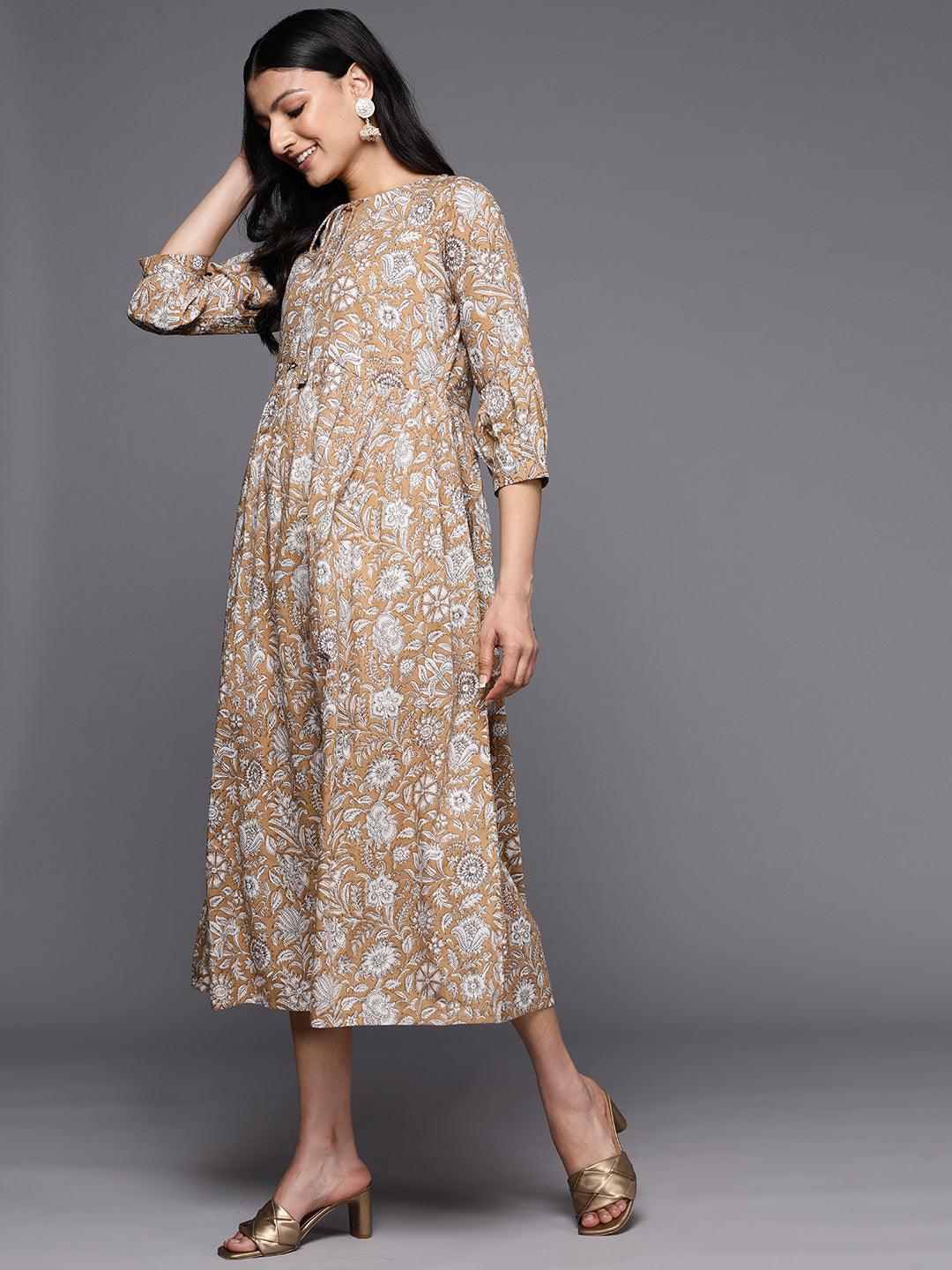 Camel Brown Printed Cotton Empire Dress