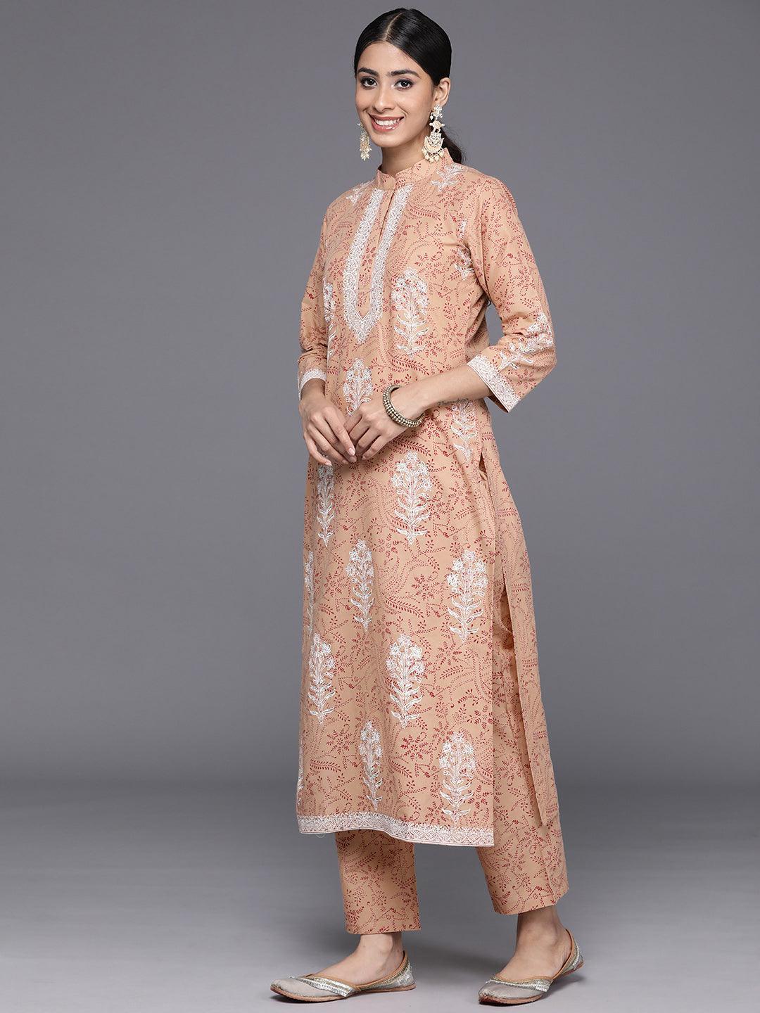 Camel Brown Printed Cotton Straight Kurta With Trousers & Dupatta