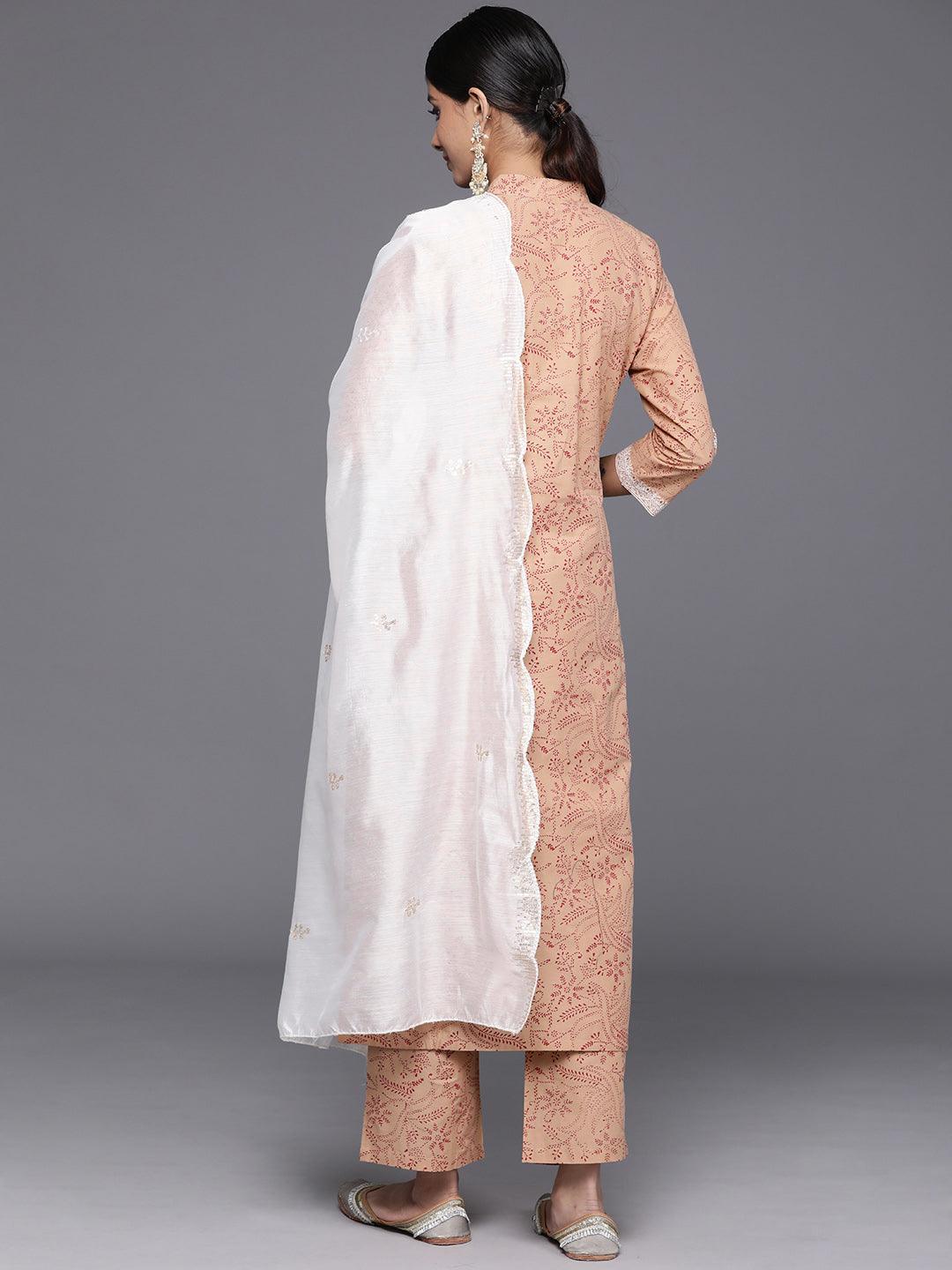 Camel Brown Printed Cotton Straight Kurta With Trousers & Dupatta