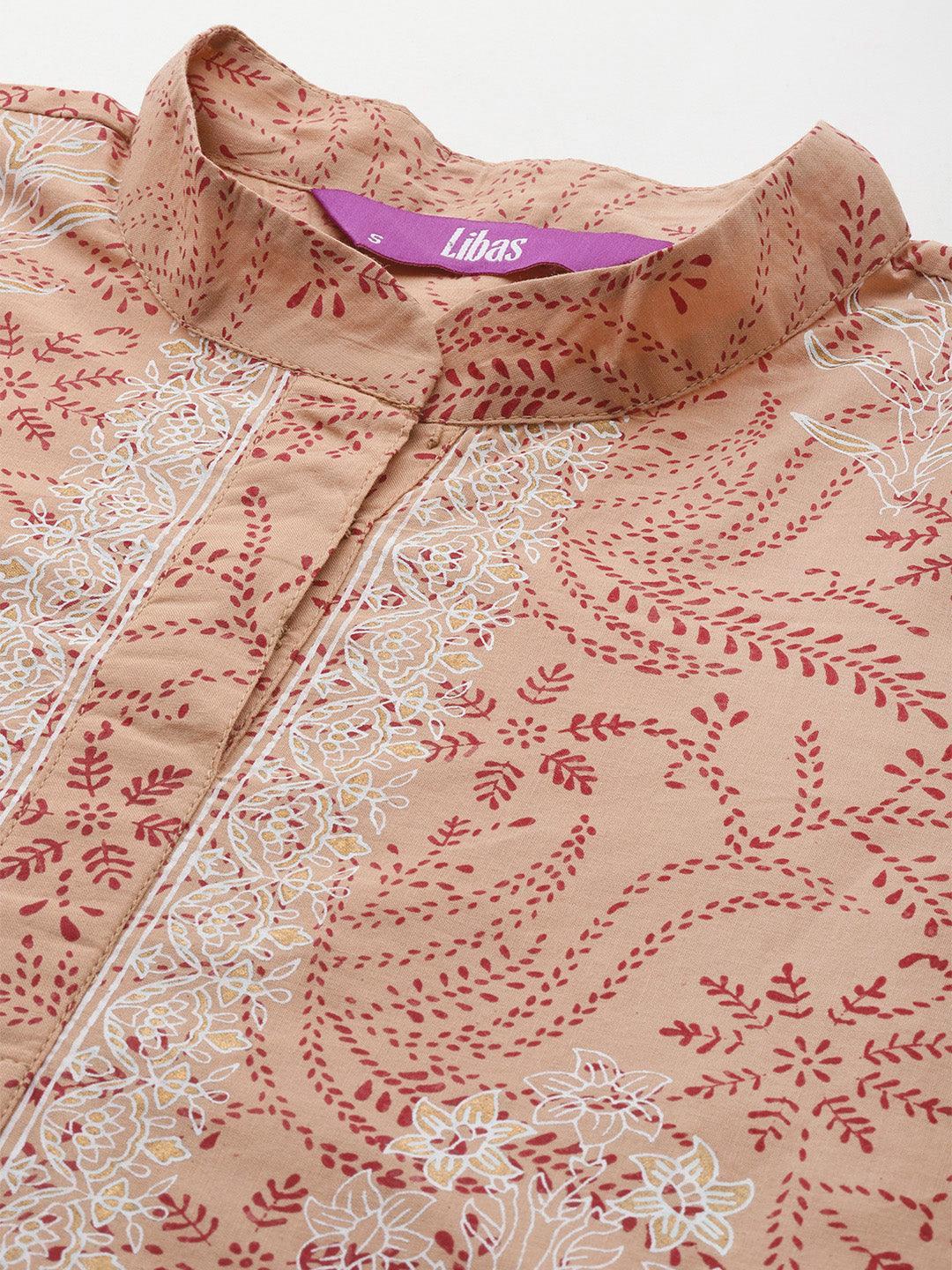 Camel Brown Printed Cotton Straight Kurta With Trousers & Dupatta