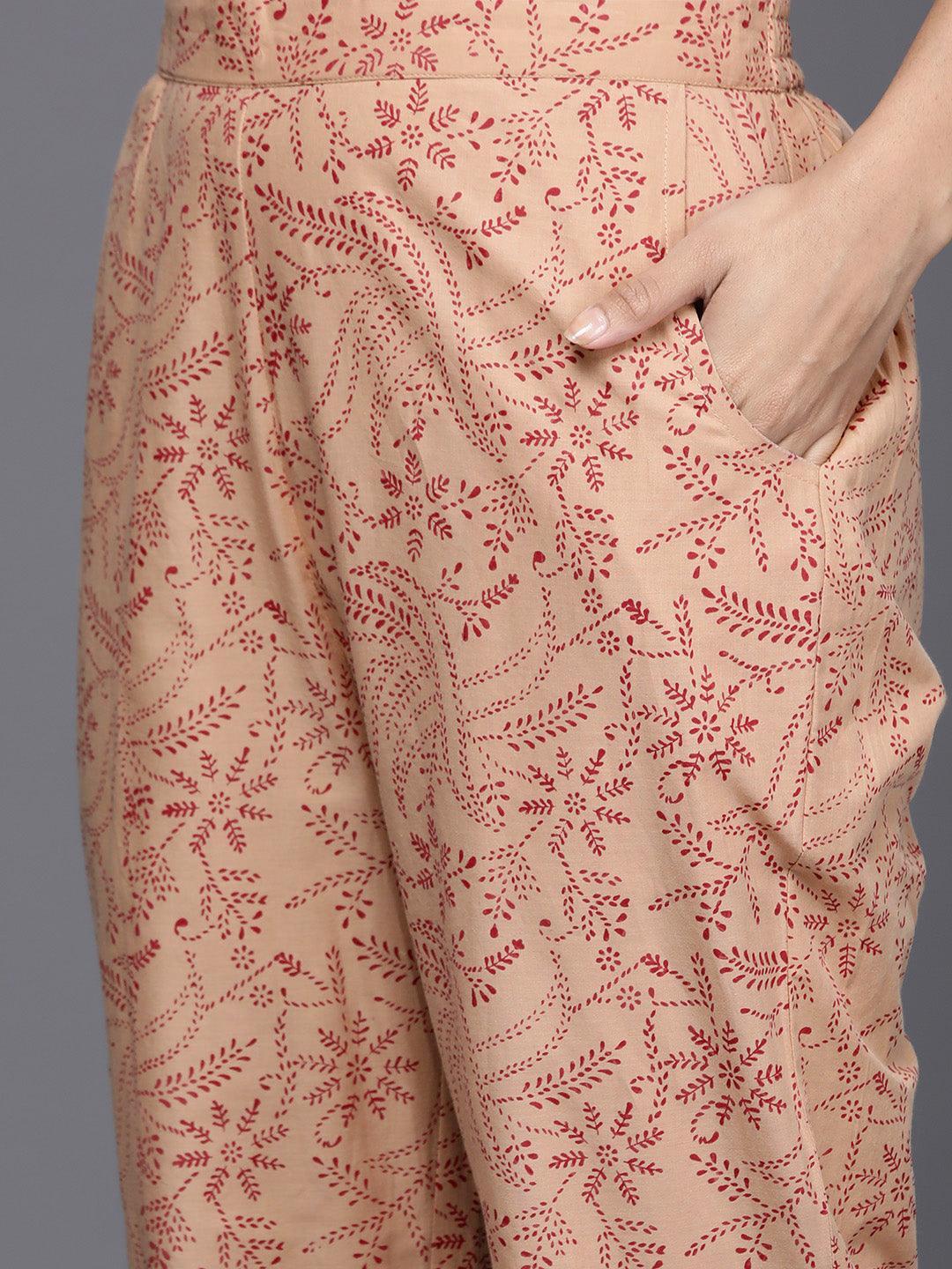 Camel Brown Printed Cotton Straight Kurta With Trousers & Dupatta