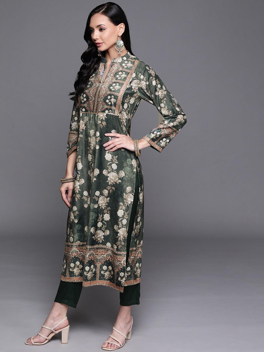 Green Printed Velvet Suit Set