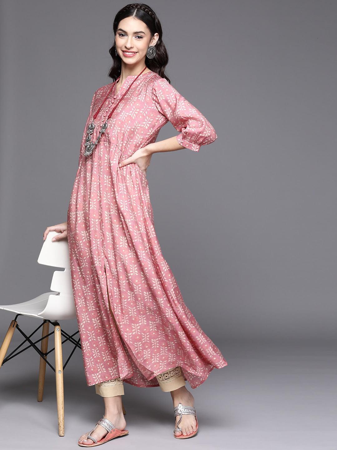 Pink Printed Chanderi Silk Kurta - ShopLibas