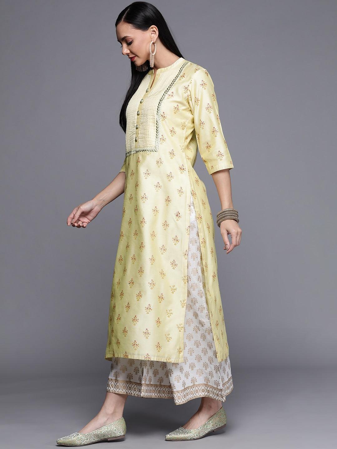 Yellow Printed Chanderi Silk Kurta - ShopLibas