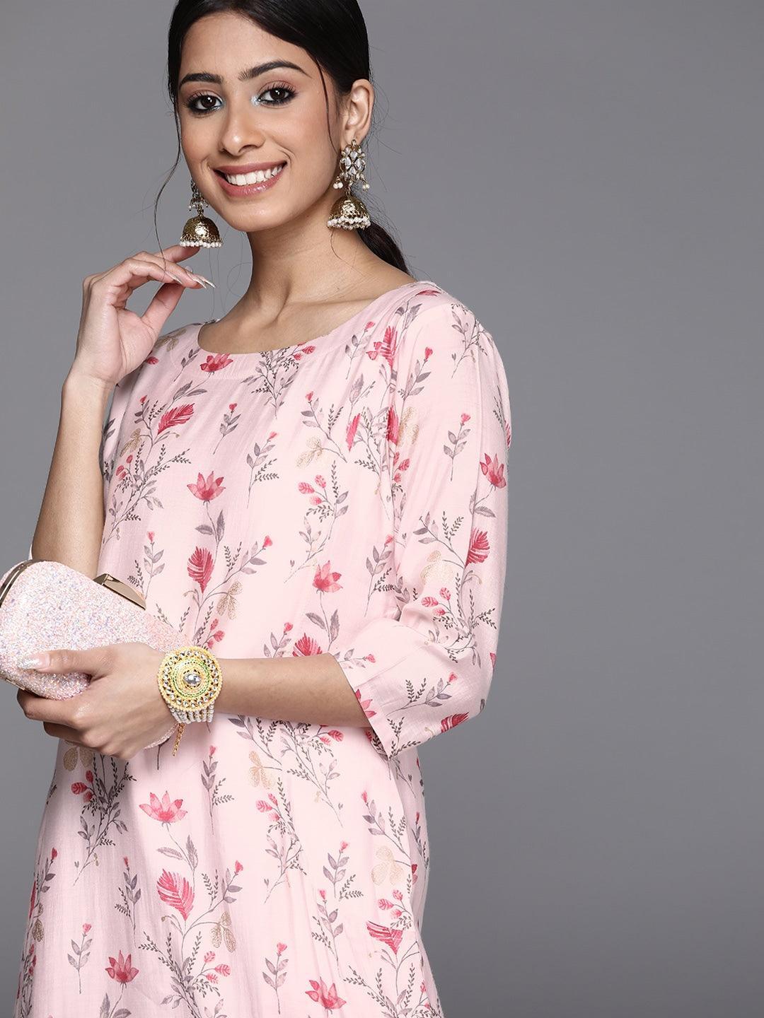 Pink Printed Chanderi Silk Kurta