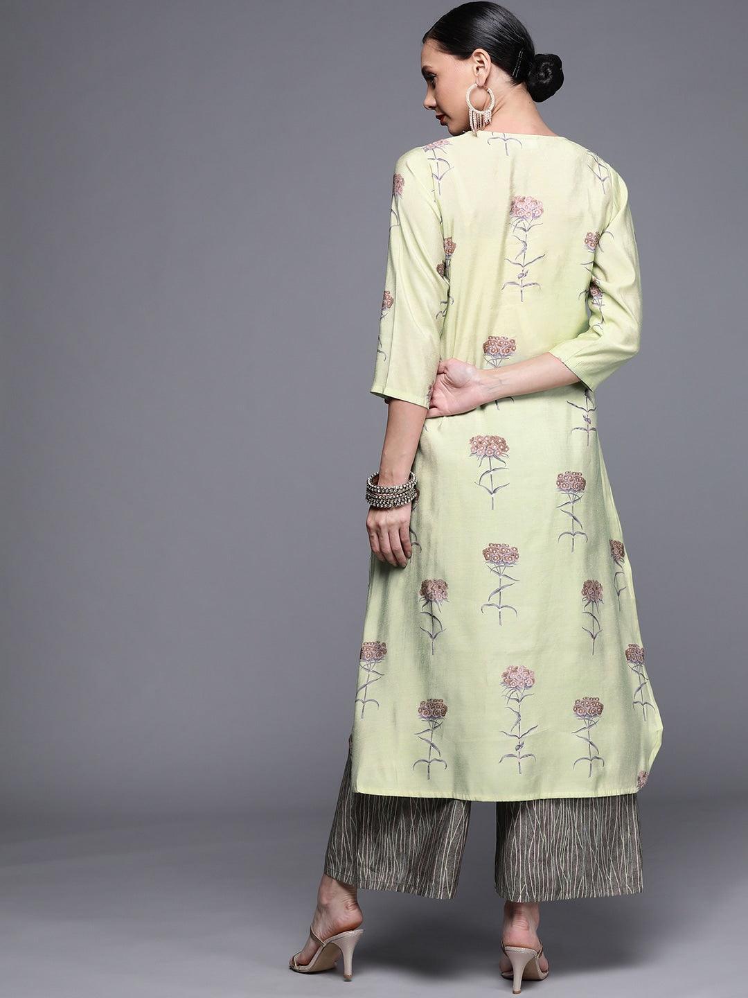 Green Printed Chanderi Silk Kurta - ShopLibas