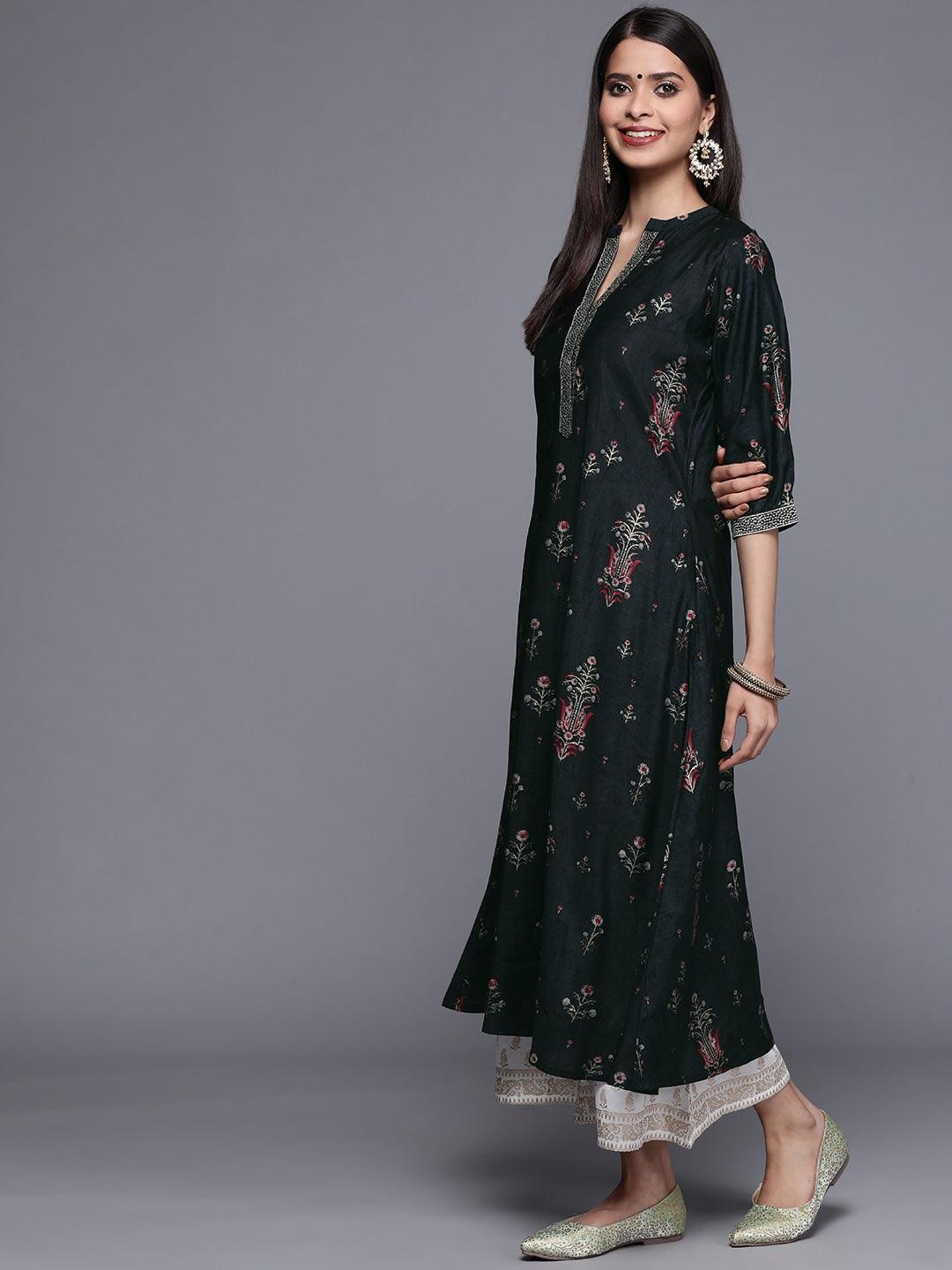 Black Printed Chanderi Silk Kurta - ShopLibas