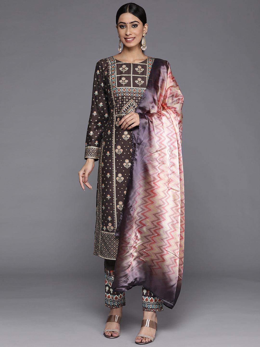 Charcoal Printed Silk Blend Straight Kurta With Dupatta