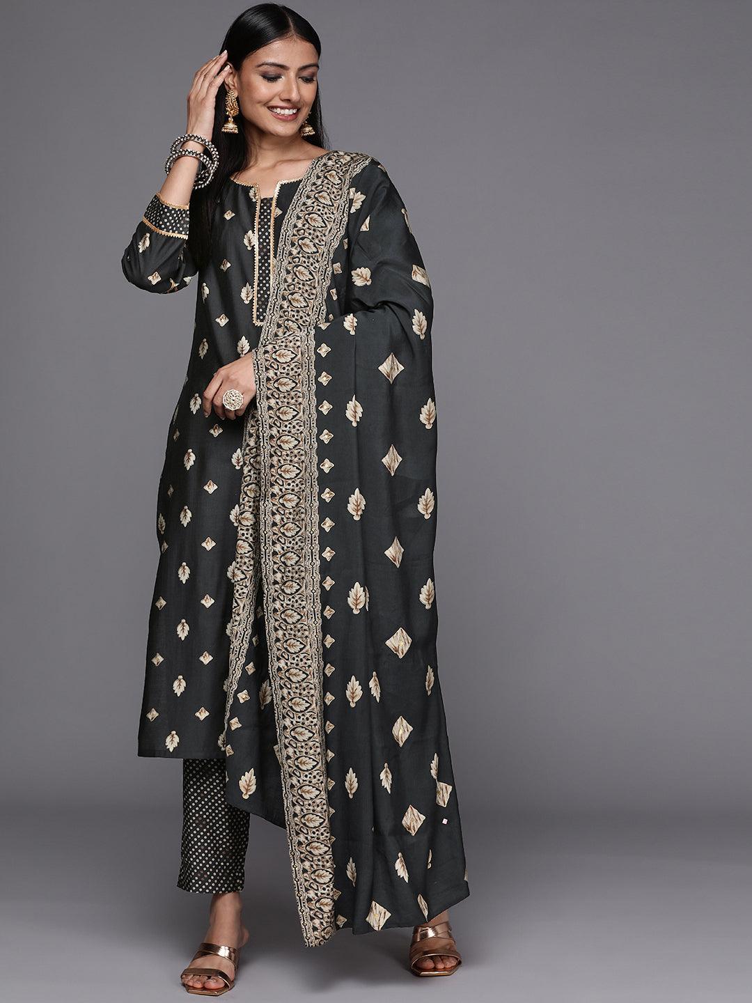 Charcoal Printed Silk Blend Straight Suit Set - ShopLibas