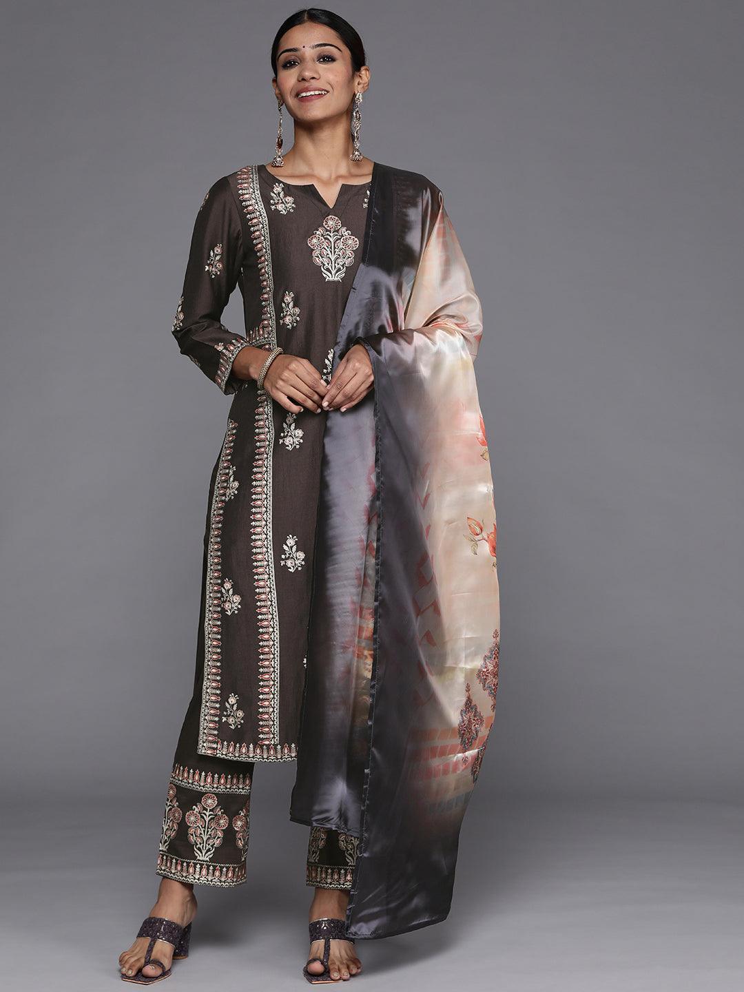 Charcoal Printed Silk Blend Straight Kurta With Dupatta