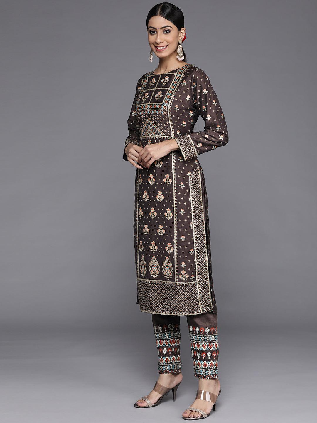 Charcoal Printed Silk Blend Straight Kurta With Dupatta