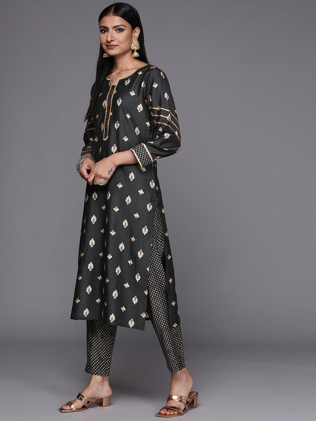 Charcoal Printed Silk Blend Straight Suit Set