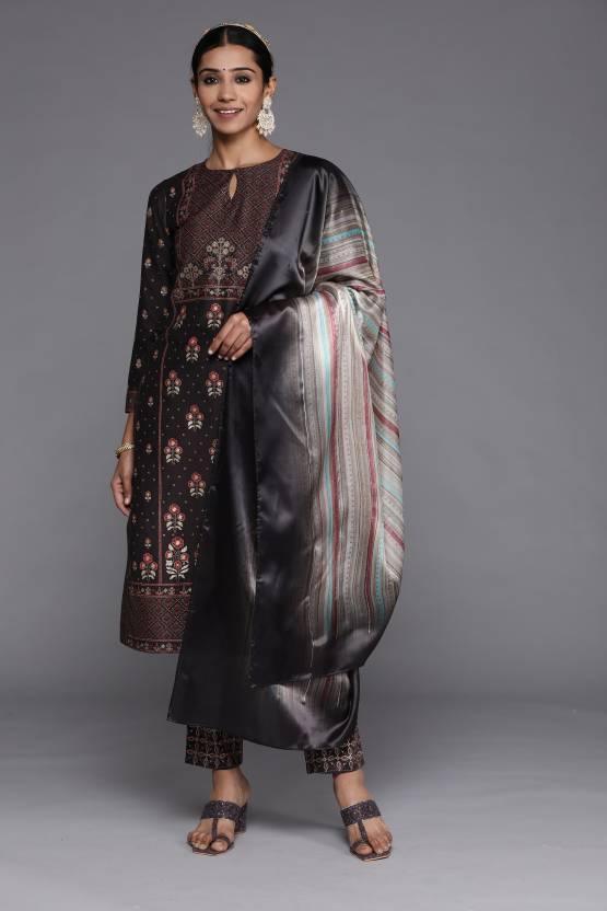 Charcoal Printed Silk Blend Straight Kurta With Dupatta