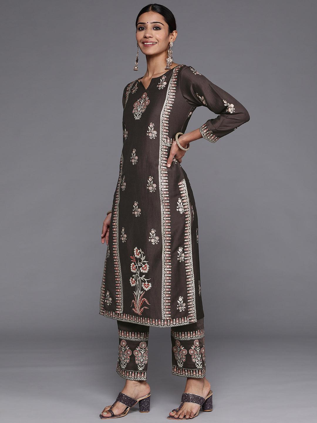 Charcoal Printed Silk Blend Straight Kurta With Dupatta