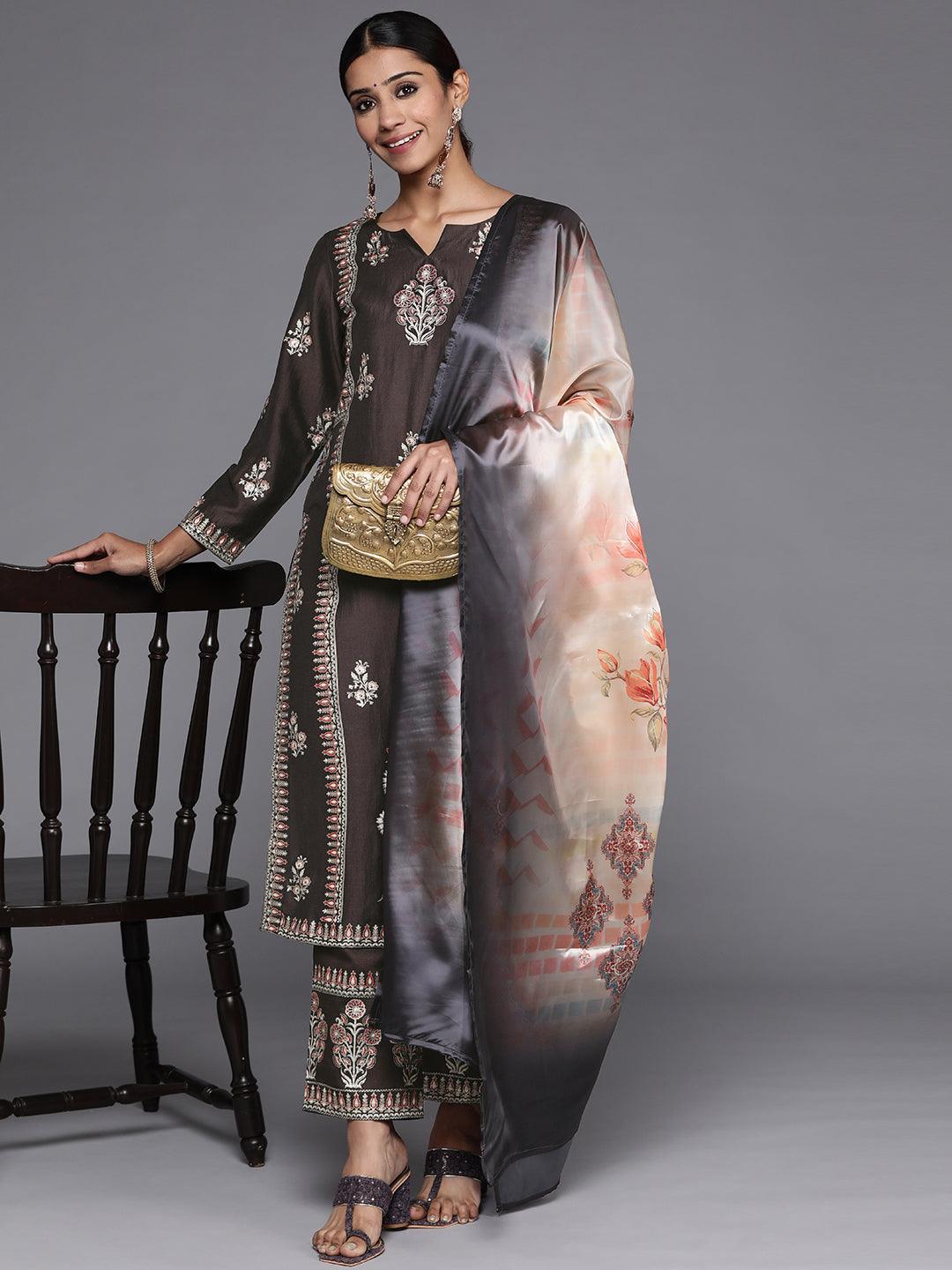 Charcoal Printed Silk Blend Straight Kurta With Dupatta