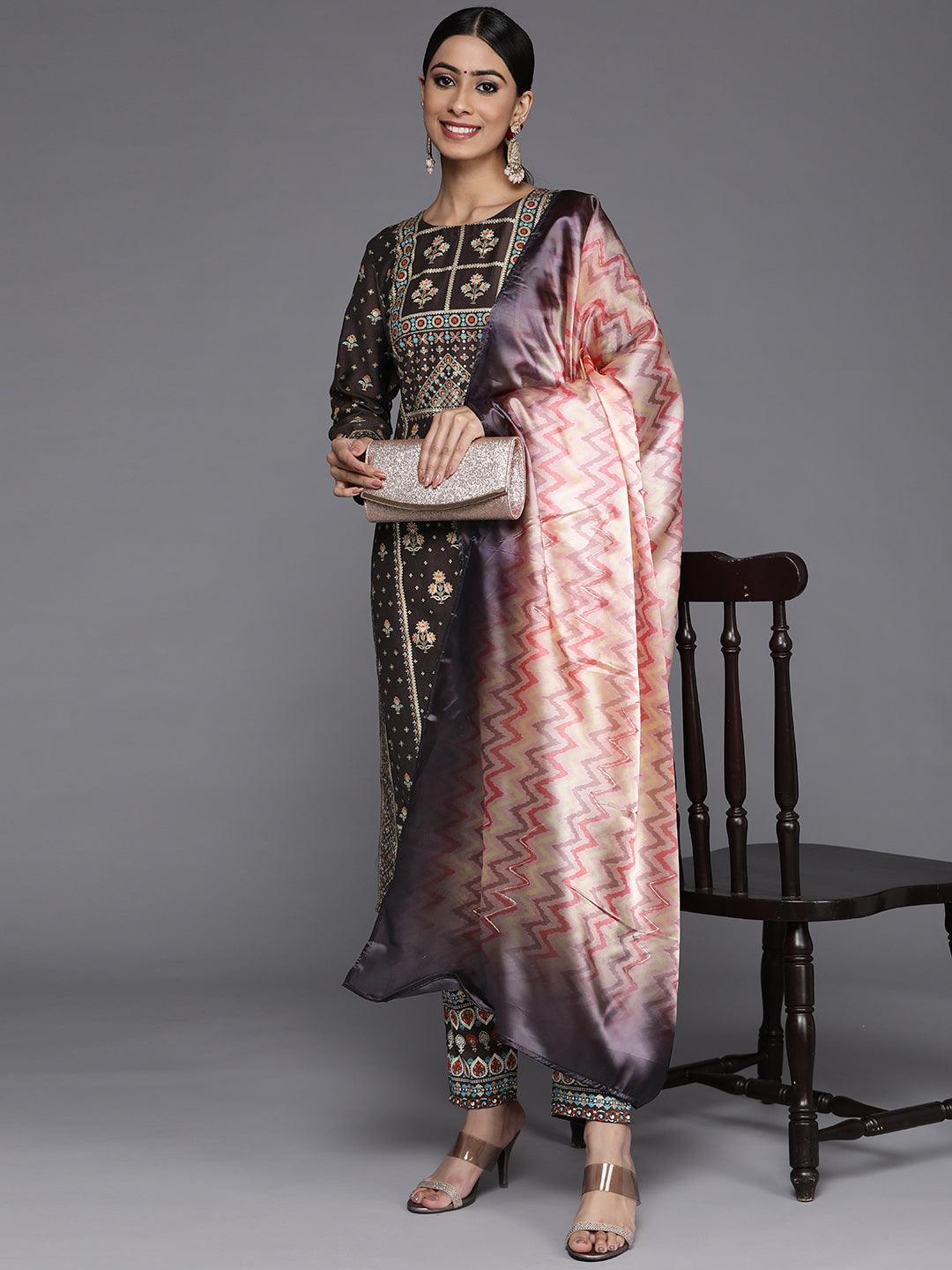 Charcoal Printed Silk Blend Straight Kurta With Dupatta