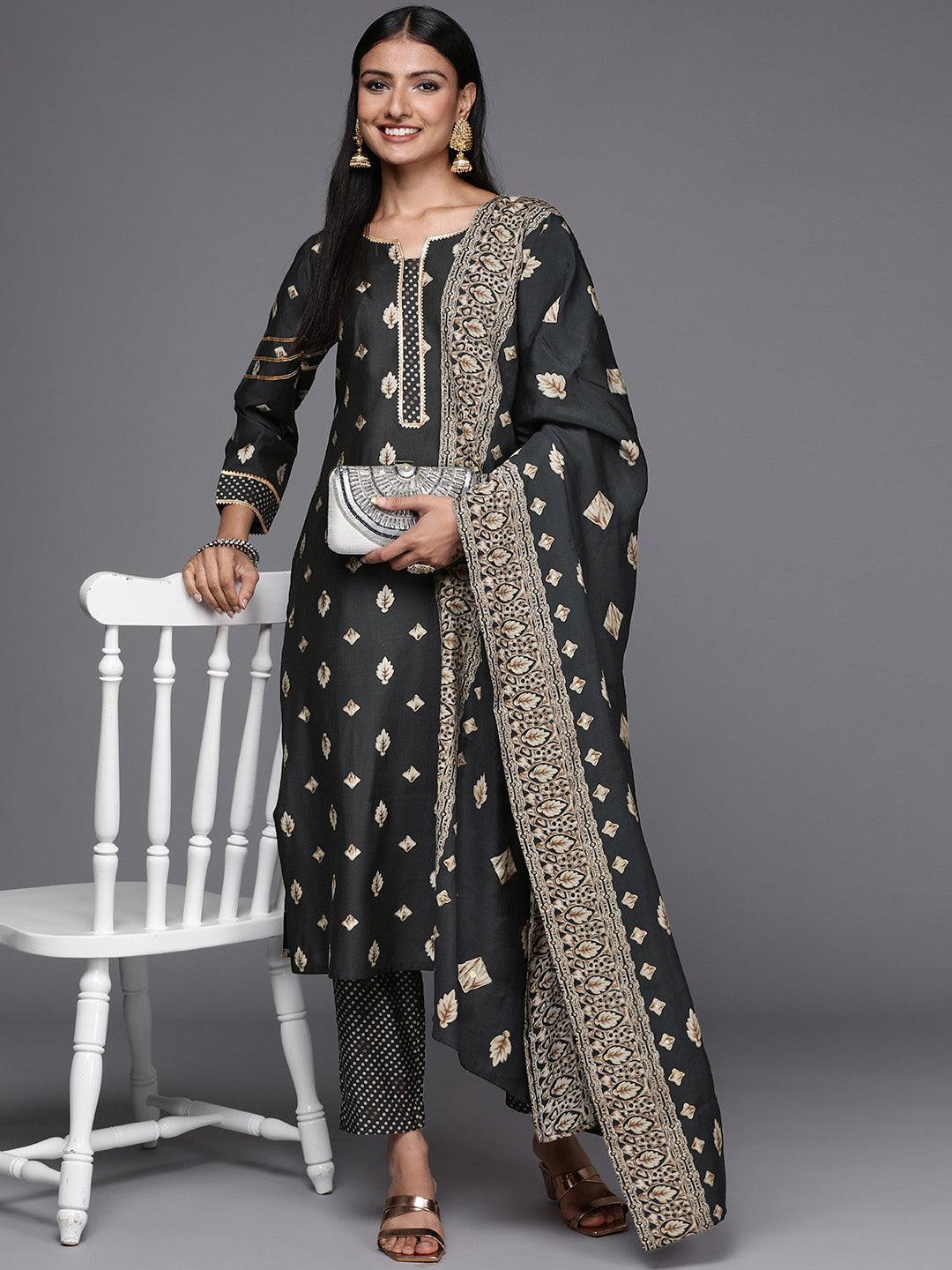 Charcoal Printed Silk Blend Straight Suit Set