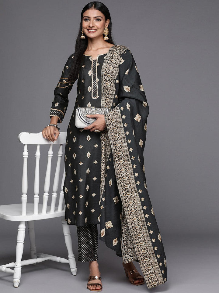 Charcoal Printed Silk Blend Straight Suit Set - ShopLibas