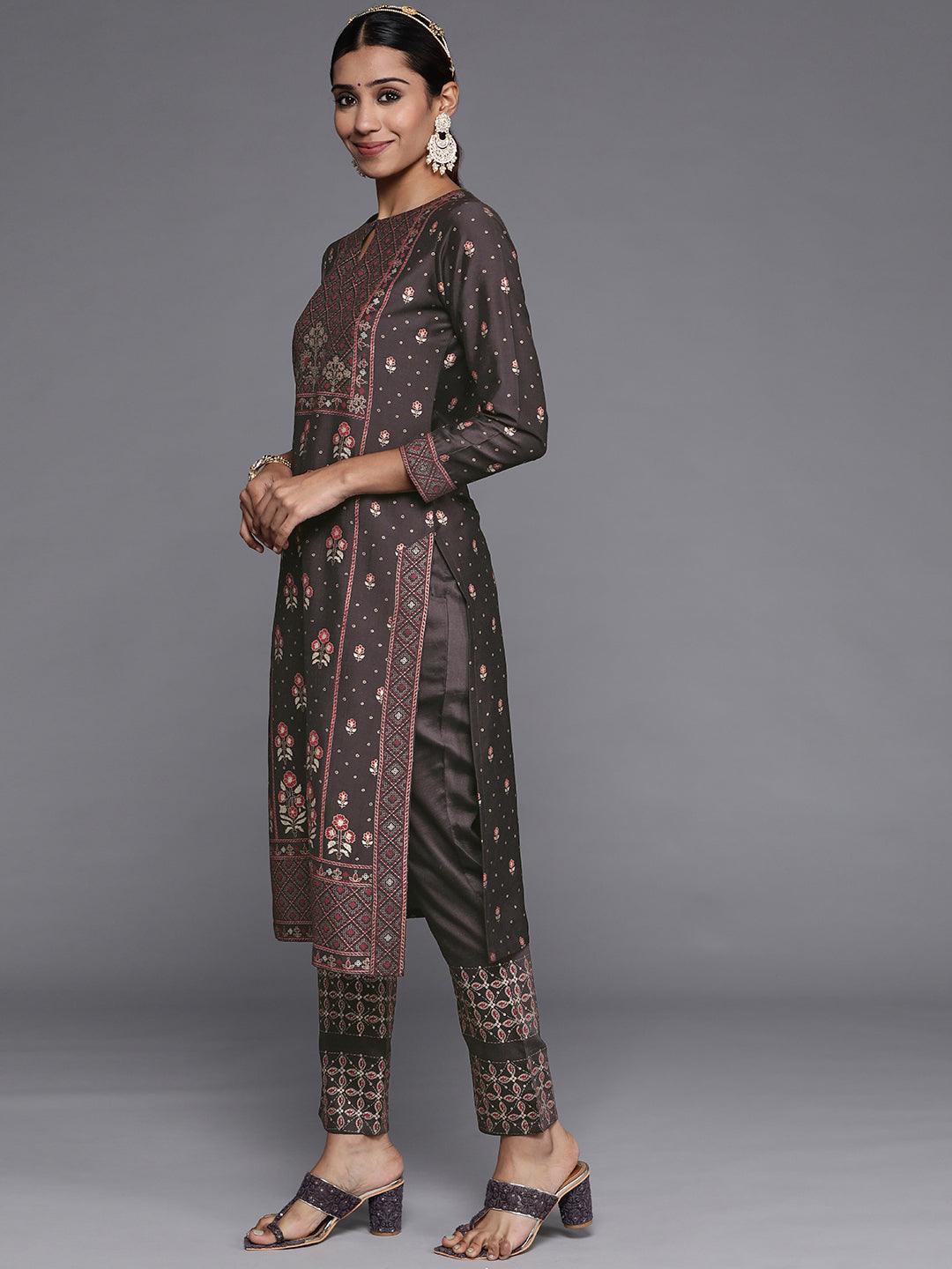 Charcoal Printed Silk Blend Straight Kurta With Dupatta