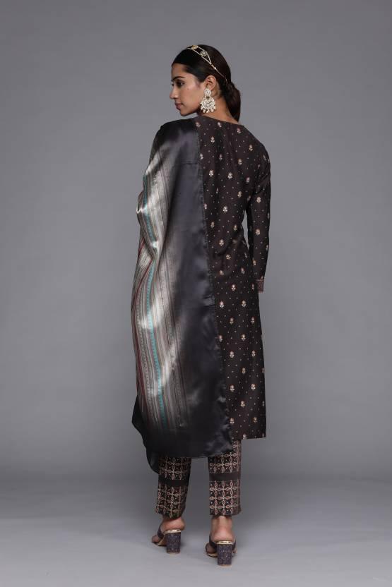 Charcoal Printed Silk Blend Straight Kurta With Dupatta