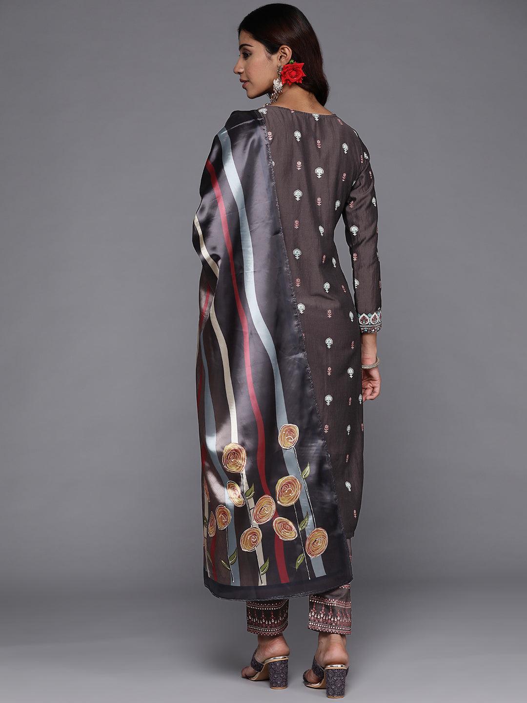 Charcoal Printed Silk Blend Straight Kurta With Dupatta