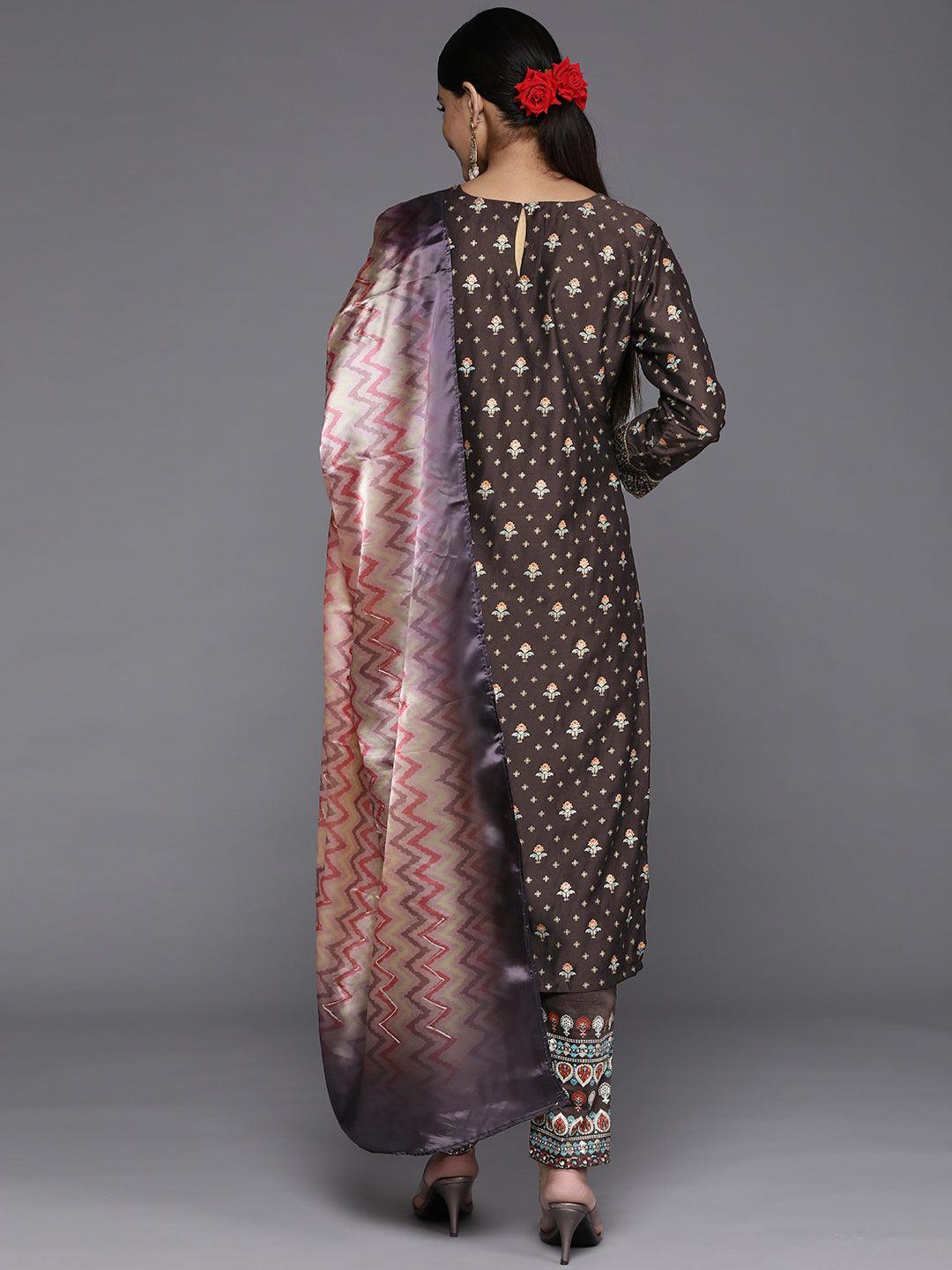 Charcoal Printed Silk Blend Straight Kurta With Dupatta