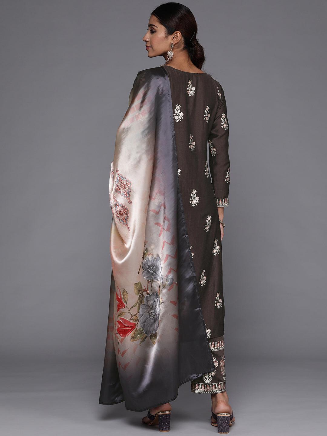 Charcoal Printed Silk Blend Straight Kurta With Dupatta