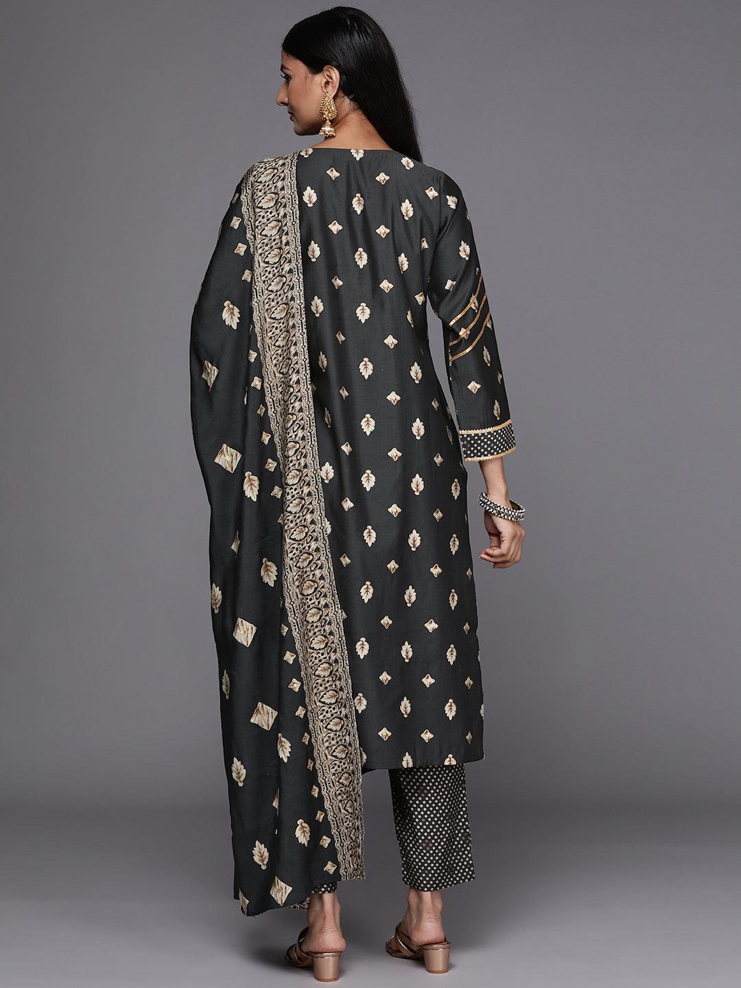 Charcoal Printed Silk Blend Straight Suit Set