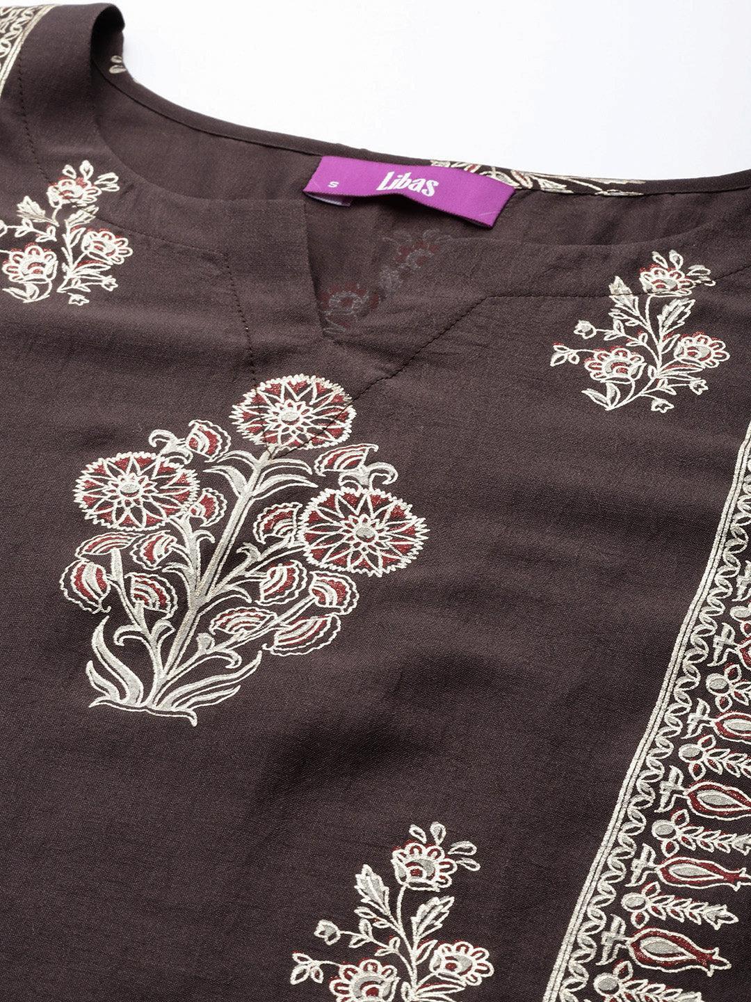 Charcoal Printed Silk Blend Straight Kurta With Dupatta