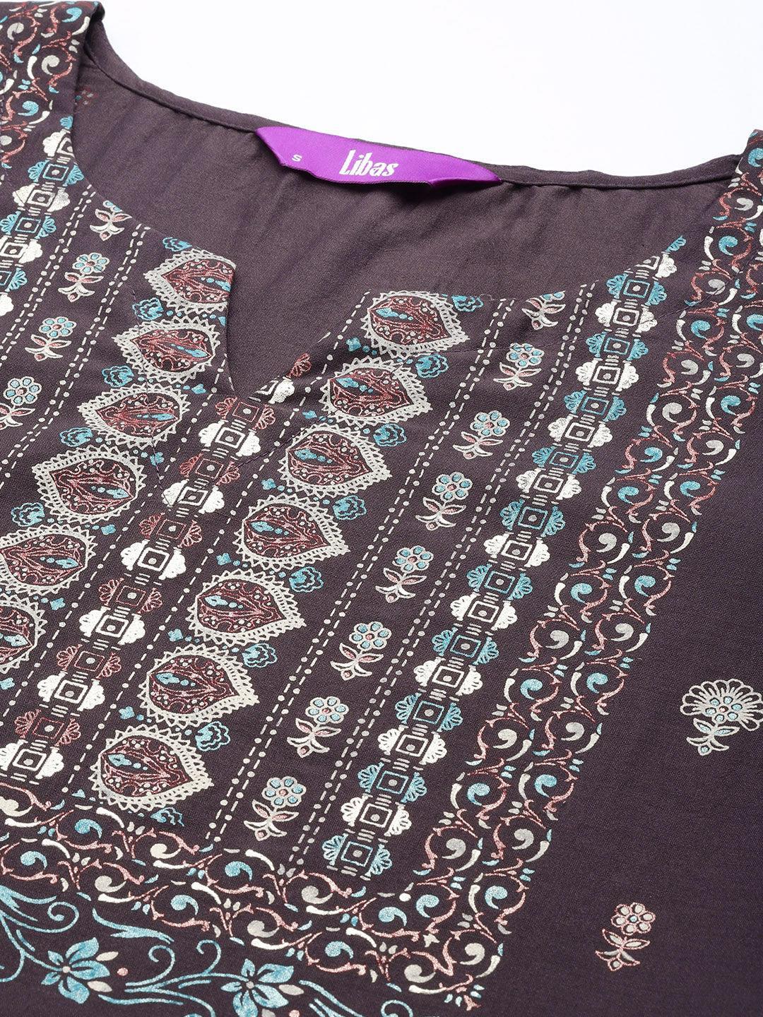 Charcoal Printed Silk Blend Straight Kurta With Dupatta