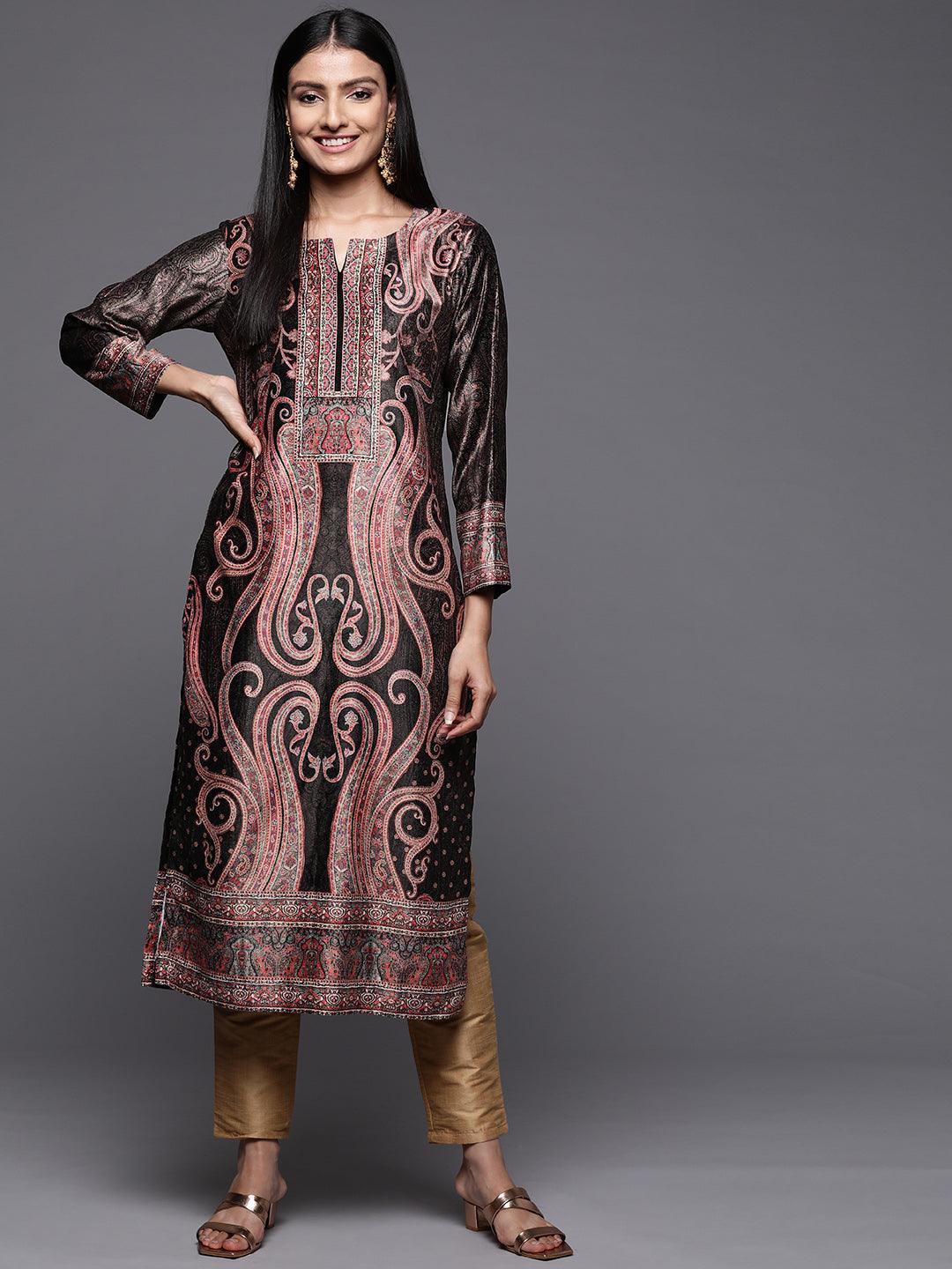 Charcoal Printed Velvet Straight Kurta - Libas