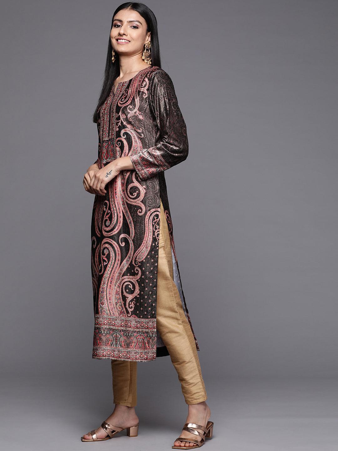 Charcoal Printed Velvet Straight Kurta - Libas