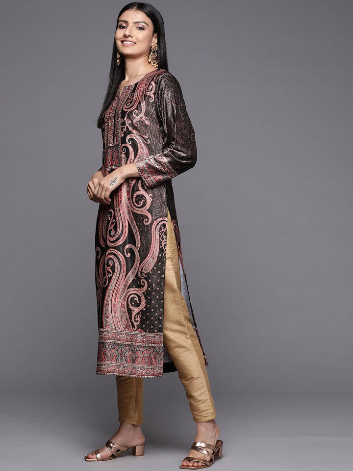 Charcoal Printed Velvet Straight Kurta - Libas