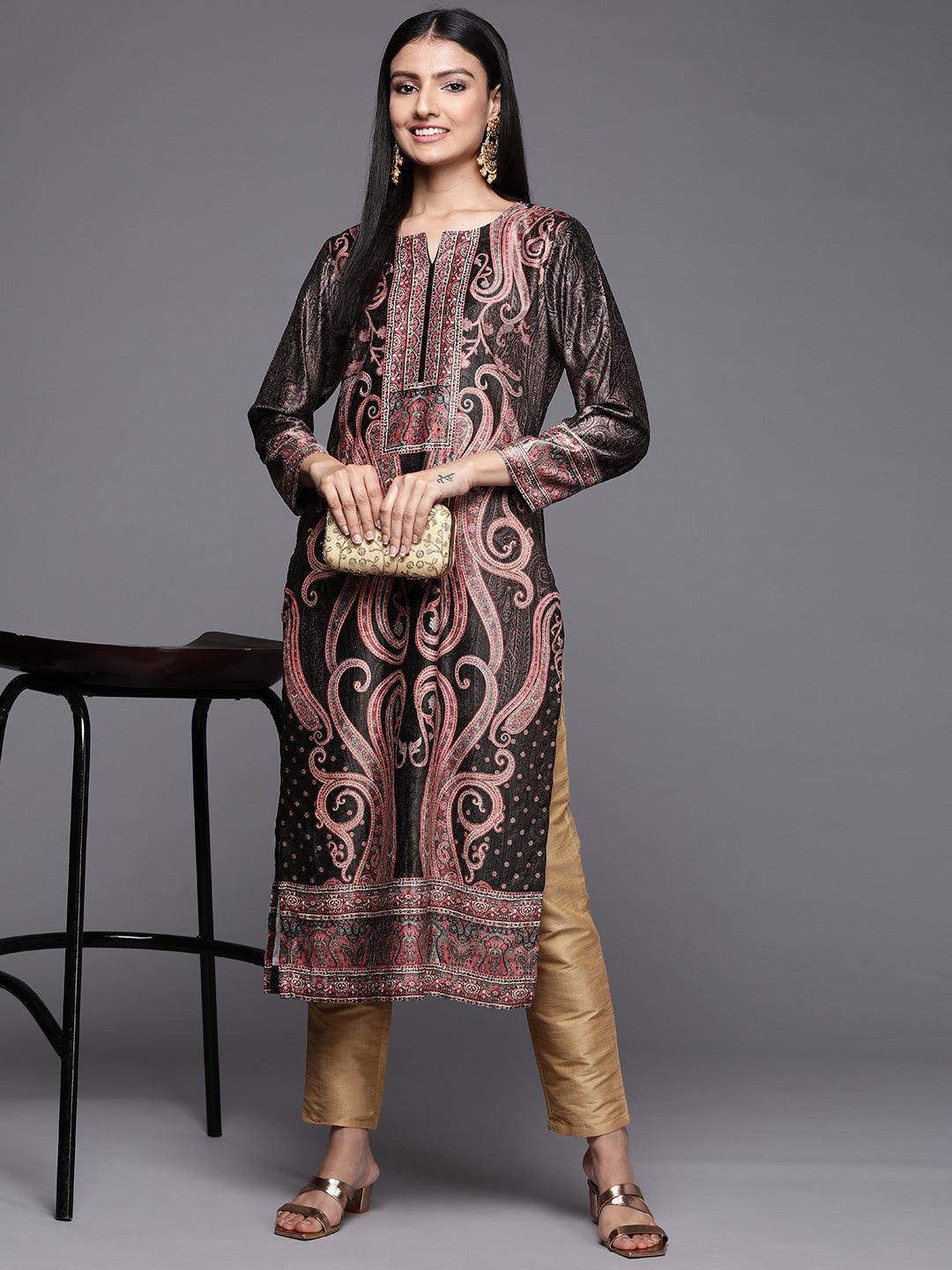 Charcoal Printed Velvet Straight Kurta