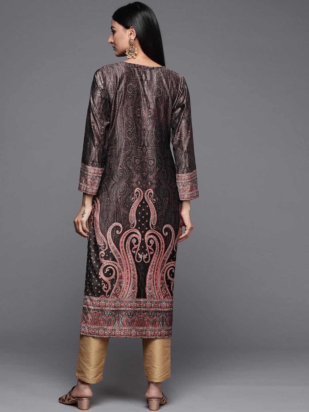 Charcoal Printed Velvet Straight Kurta