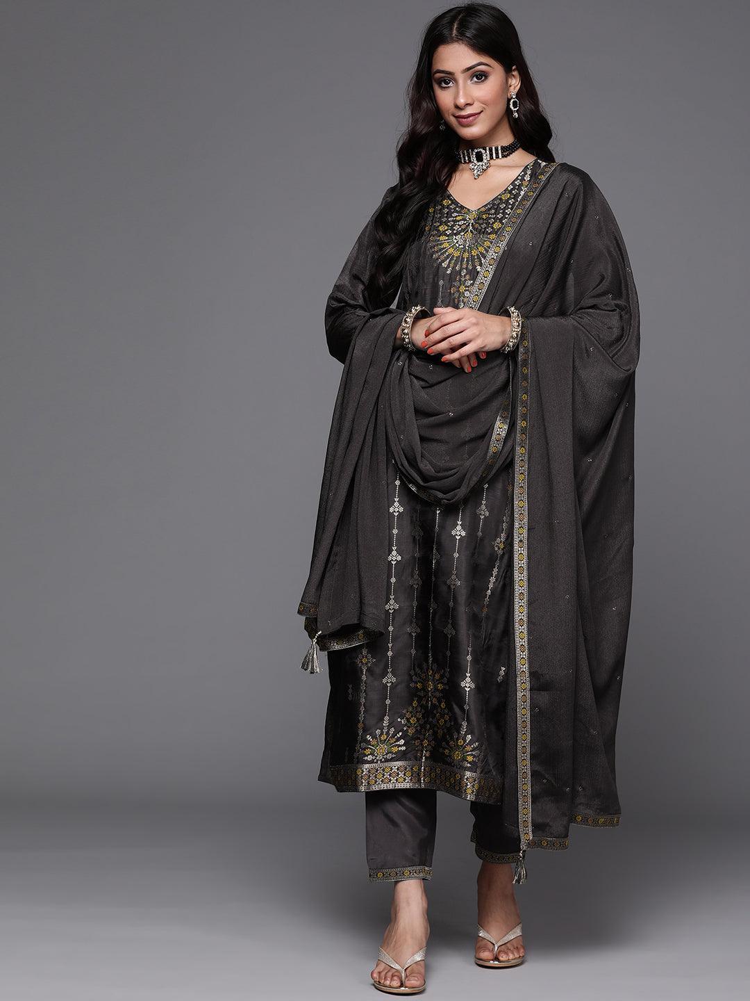 Charcoal Self Design Silk Suit Set - ShopLibas